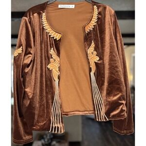 Rusttydustty Women's Velvet Embroidered Cropped Jacket Brown Open Front‎ M
